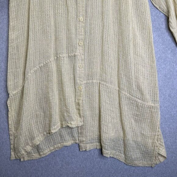 FLAX Medium Linen Long Shirt Dress Button Front Green Yellow Kaftan Oversized - Picture 4 of 13